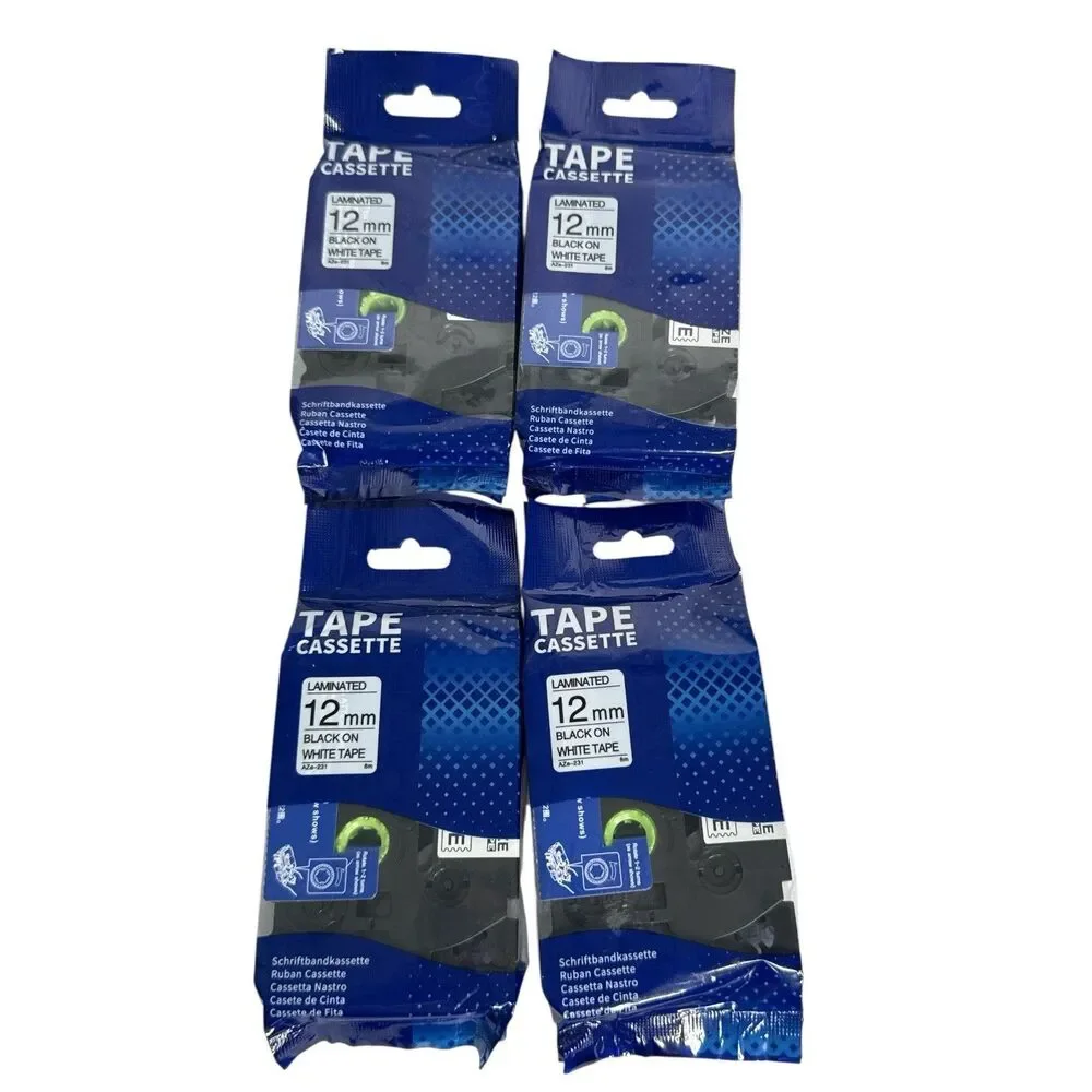 Lot 4 Label Tape Cassette Laminated 12 mm Black On White Tape TC-AZE-231 Sealed